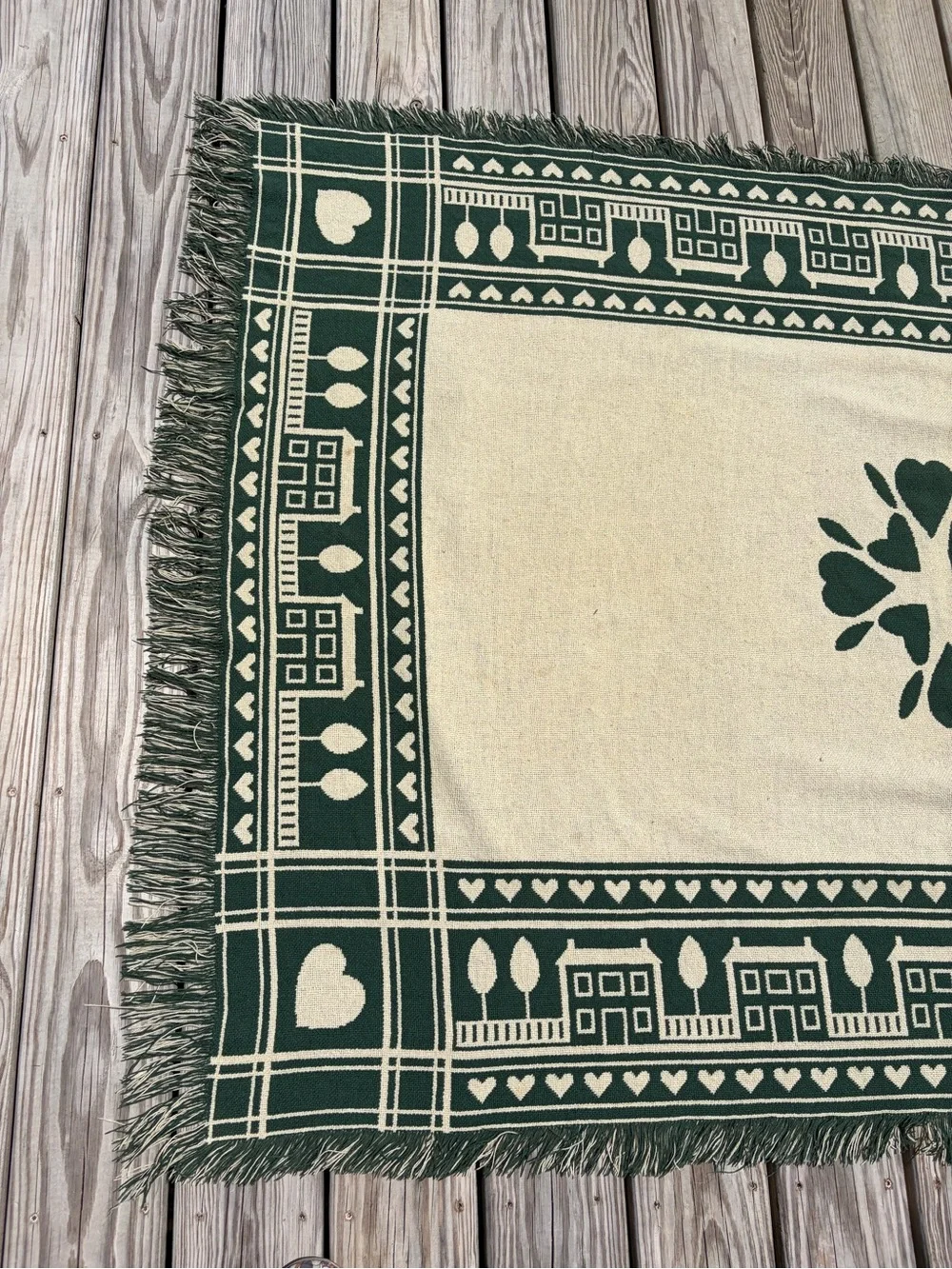 Vintage Green Cream Woven Throw Blanket Cottage Houses Hearts Fringe Farmhouse